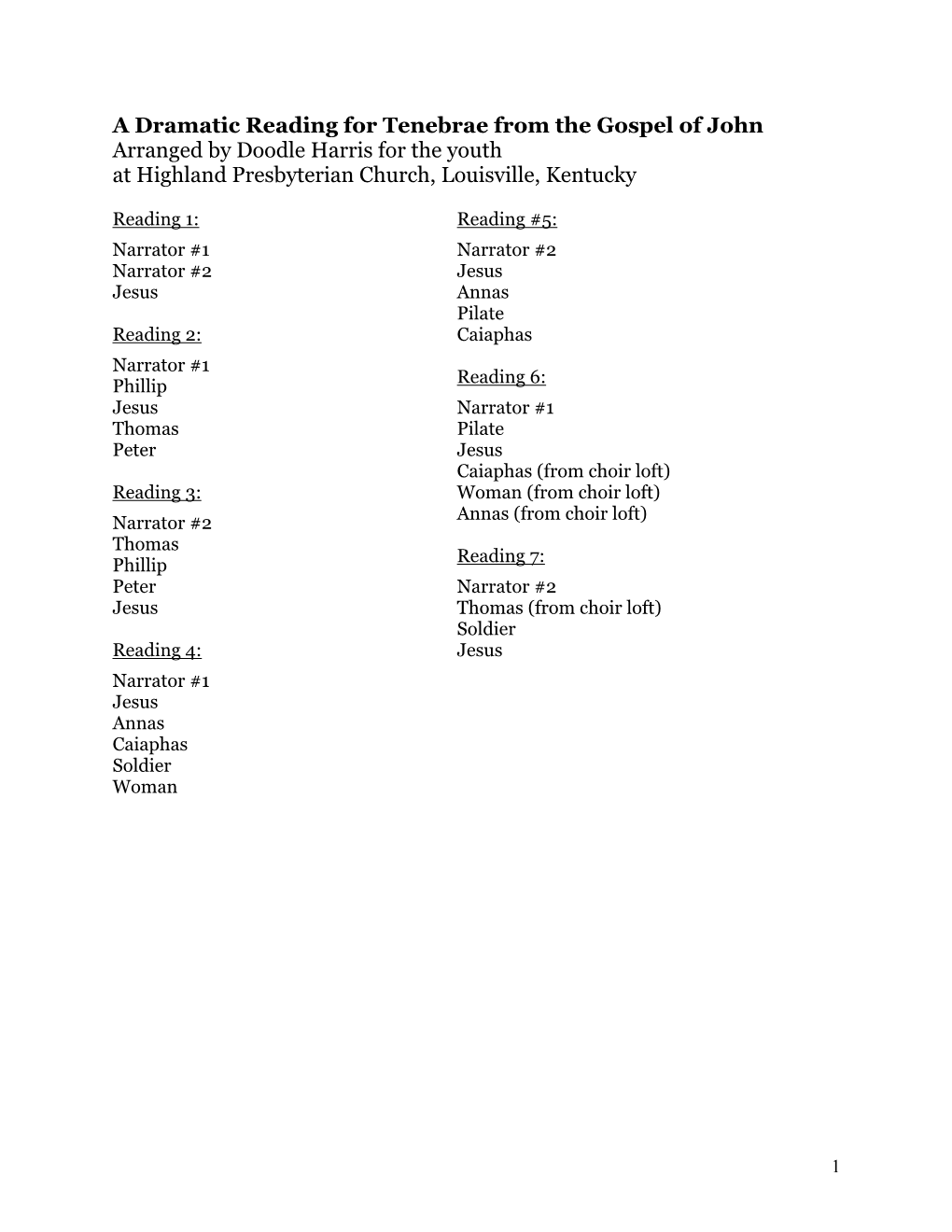 A Dramatic Reading for Tenebrae from the Gospel of John Arranged by Doodle Harris for the Youth at Highland Presbyterian Church, Louisville, Kentucky