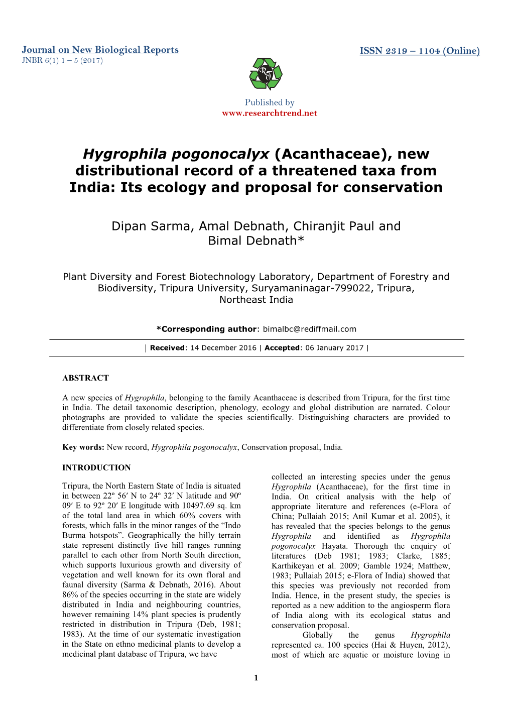 Hygrophila Pogonocalyx (Acanthaceae), New Distributional Record of a Threatened Taxa from India: Its Ecology and Proposal for Conservation