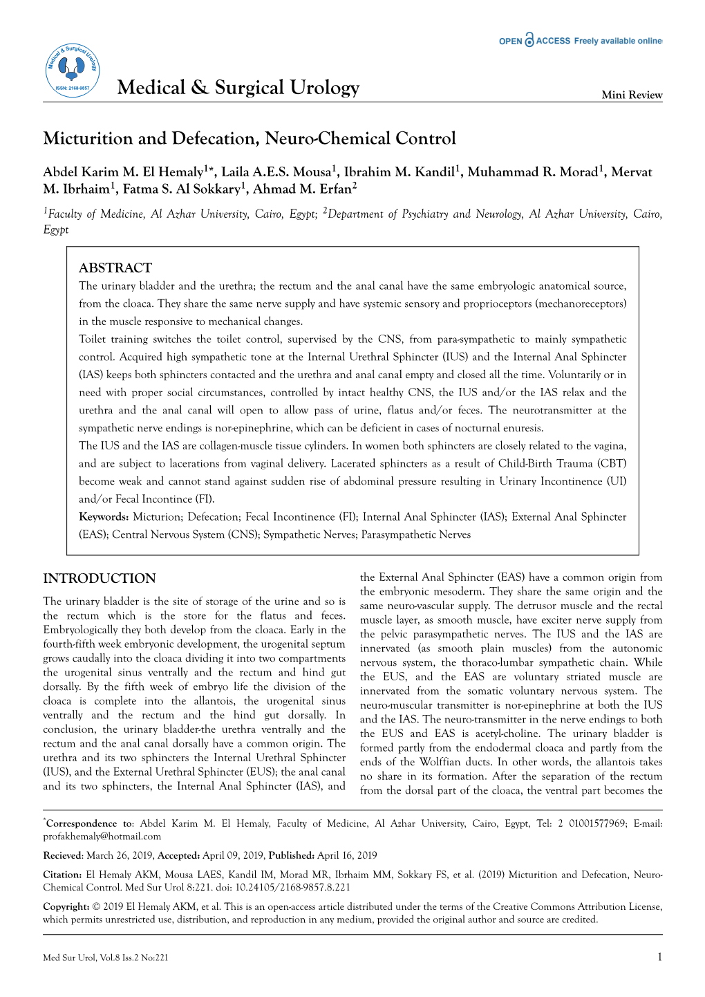 Micturition and Defecation, Neuro-Chemical Control