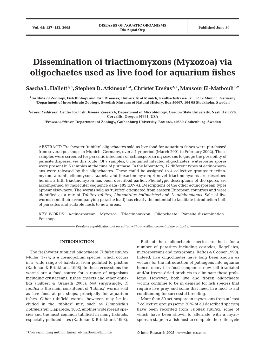 Myxozoa) Via Oligochaetes Used As Live Food for Aquarium Fishes