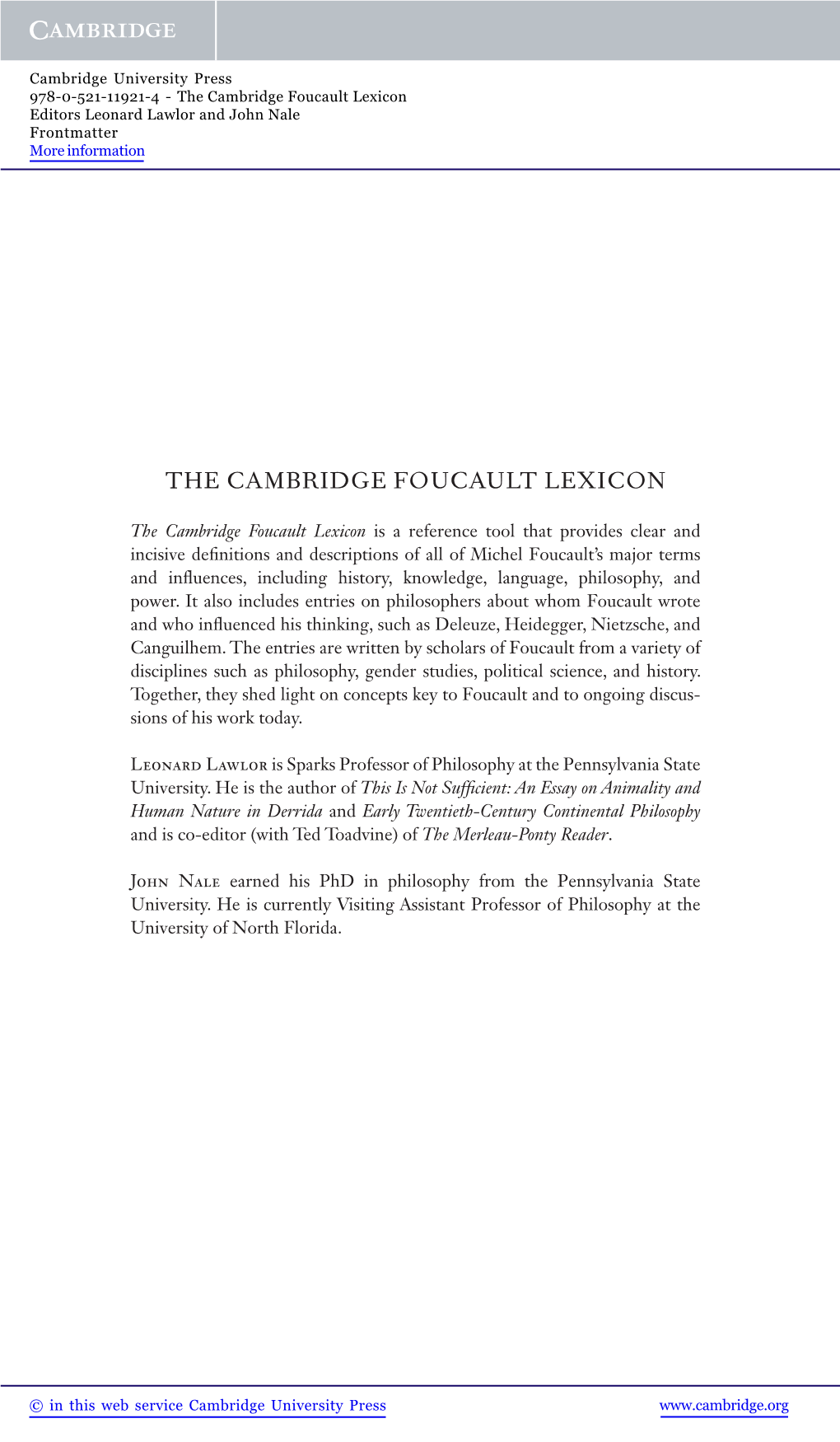 The Cambridge Foucault Lexicon Editors Leonard Lawlor and John Nale Frontmatter More Information