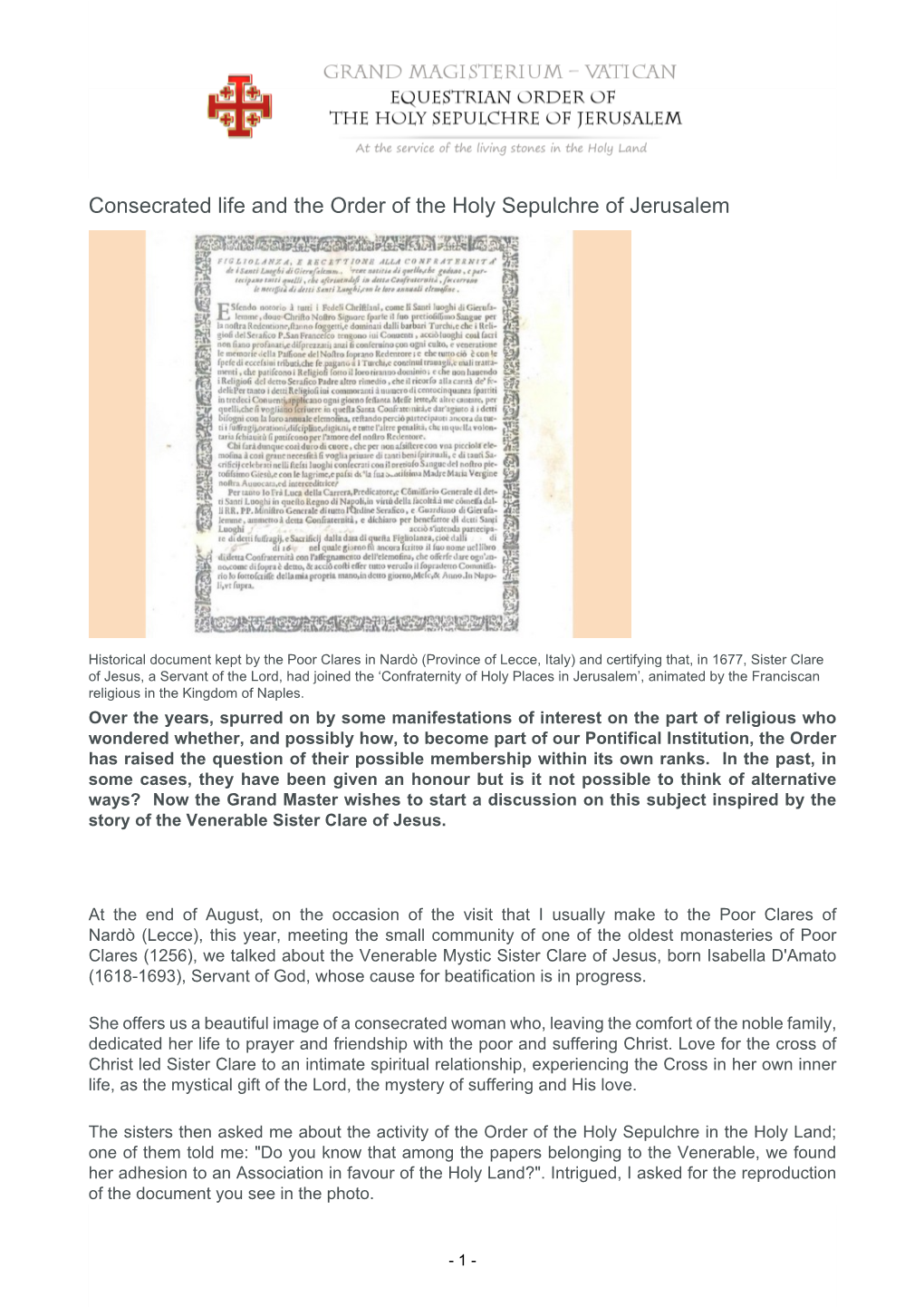 Consecrated Life and the Order of the Holy Sepulchre of Jerusalem
