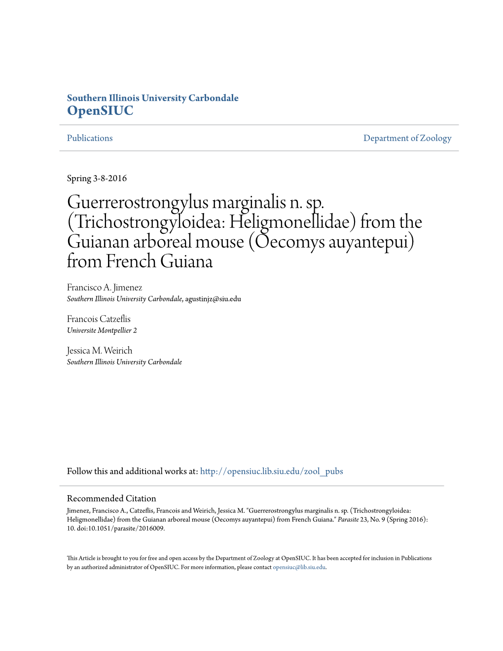 Oecomys Auyantepui) from French Guiana Francisco A