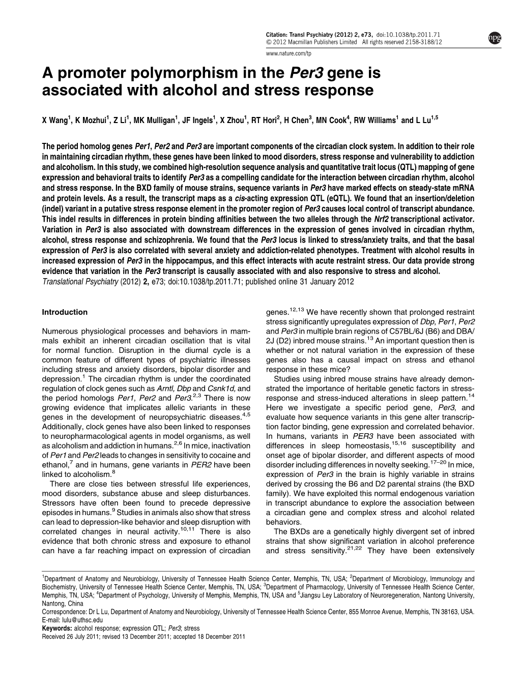 A Promoter Polymorphism in the Per3 Gene Is Associated with Alcohol and Stress Response