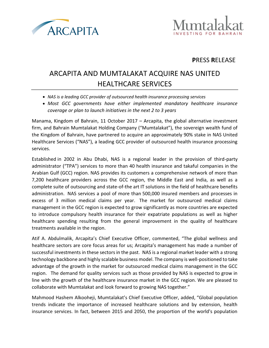 Arcapita and Mumtalakat Acquire Nas United Healthcare Services