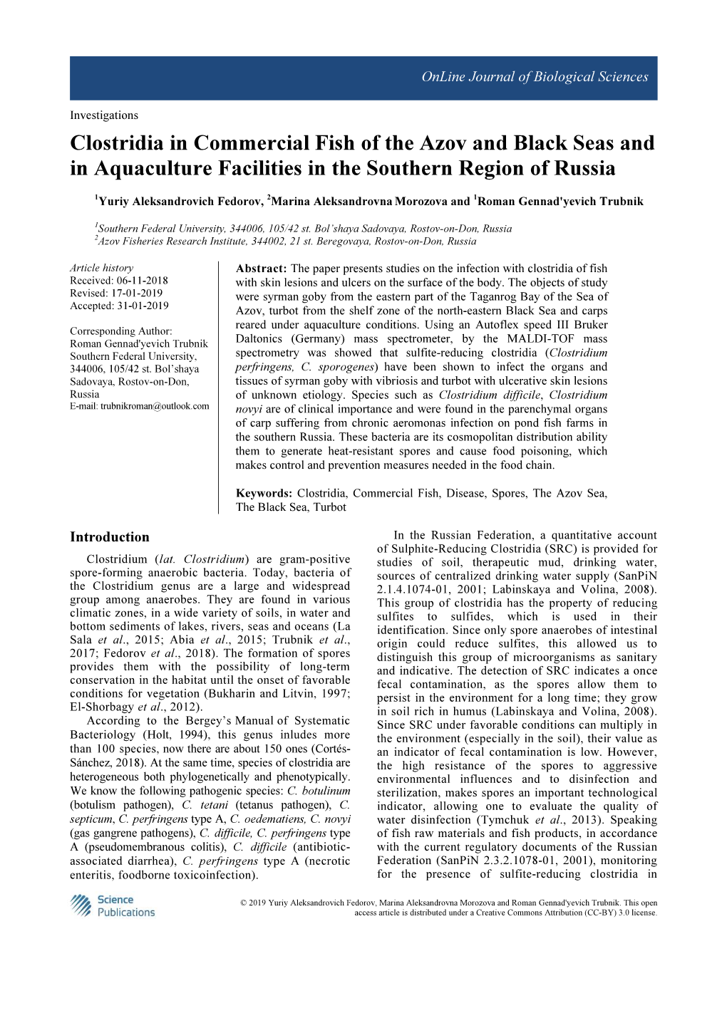 Clostridia in Commercial Fish of the Azov and Black Seas and in Aquaculture Facilities in the Southern Region of Russia