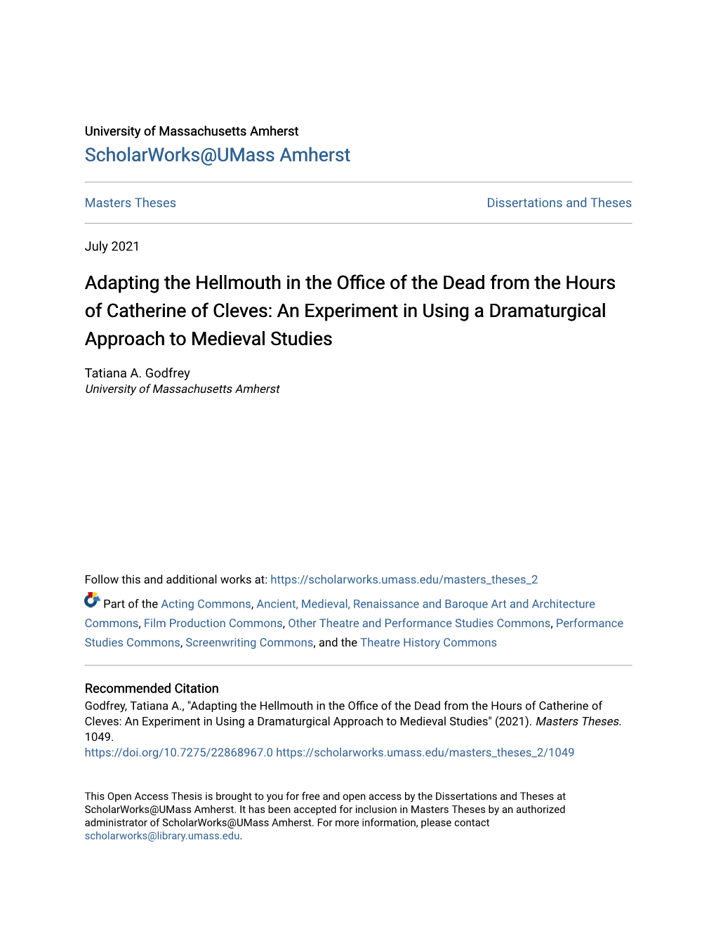 Adapting the Hellmouth in the Office of the Dead Omfr the Hours of Catherine of Cleves: an Experiment in Using a Dramaturgical Approach to Medieval Studies