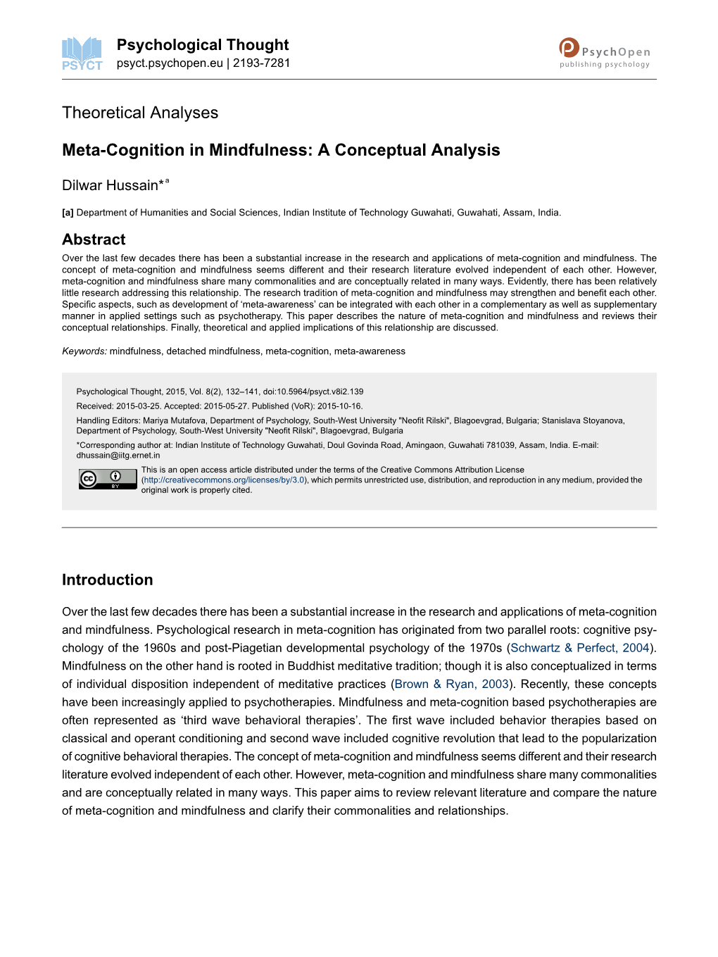 Meta-Cognition in Mindfulness: a Conceptual Analysis
