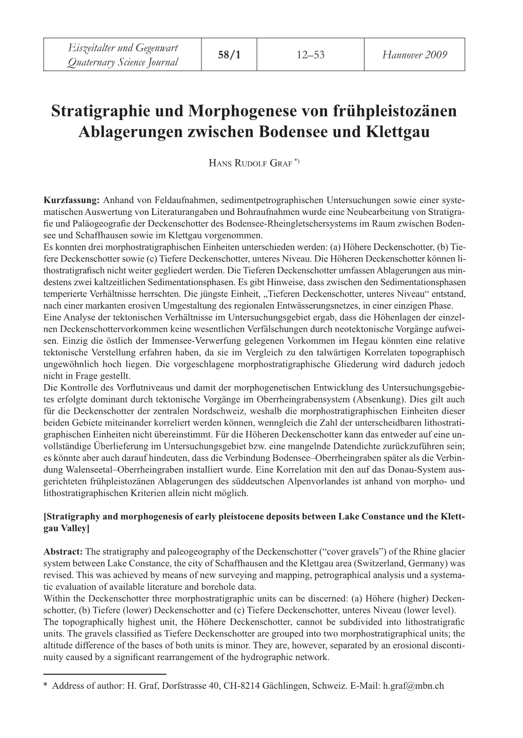 Stratigraphie Und Morphogenese Von Frühpleistozänen Ablagerungen Zwischen Bodensee Und Klettgau