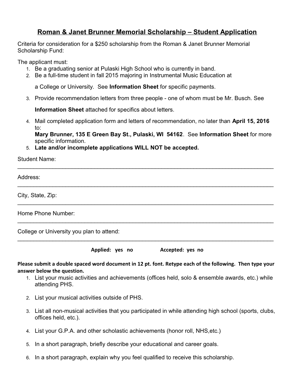 Pulaski Music Booster College Scholarship Student Application