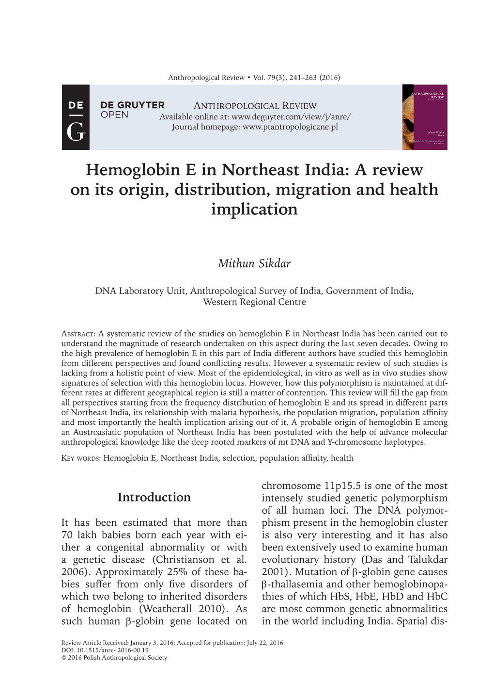 Hemoglobin E in Northeast India: a Review on Its Origin, Distribution, Migration and Health Implication