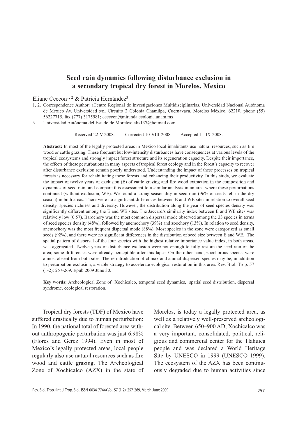 Seed Rain Dynamics Following Disturbance Exclusion in a Secondary Tropical Dry Forest in Morelos, Mexico