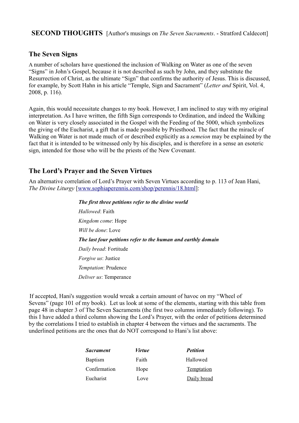 The Seven Signs the Lord's Prayer and the Seven Virtues