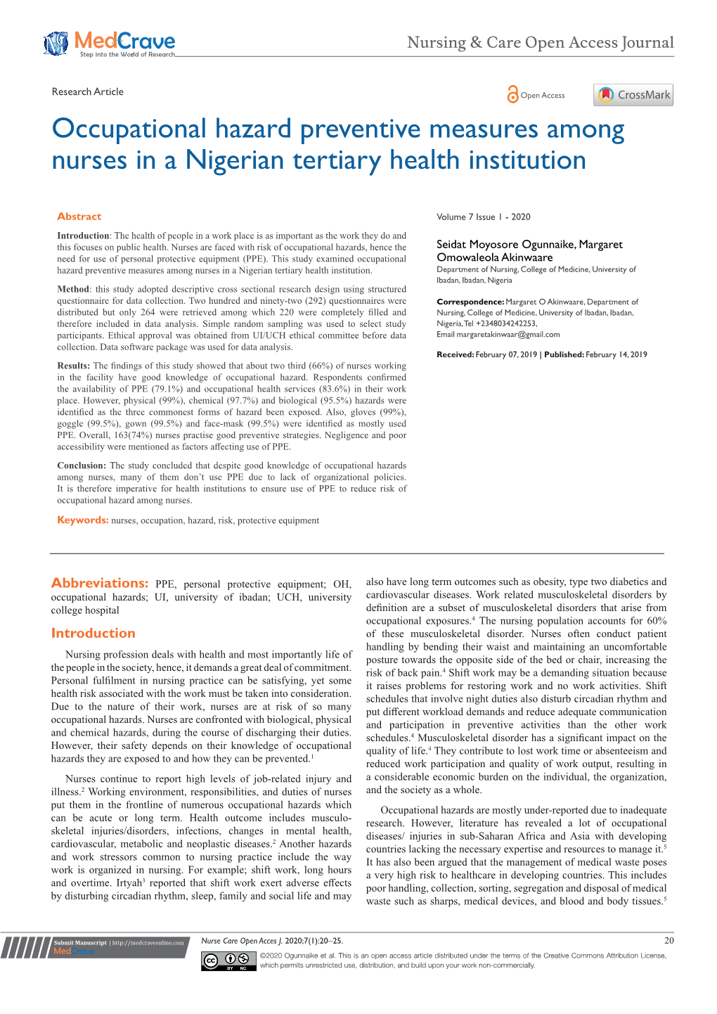 Occupational Hazard Preventive Measures Among Nurses in a Nigerian Tertiary Health Institution