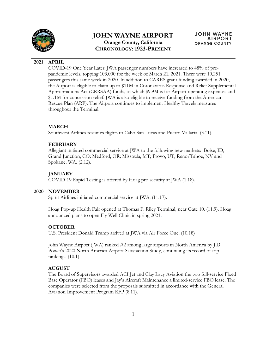JOHN WAYNE AIRPORT Orange County, California CHRONOLOGY: 1923-PRESENT