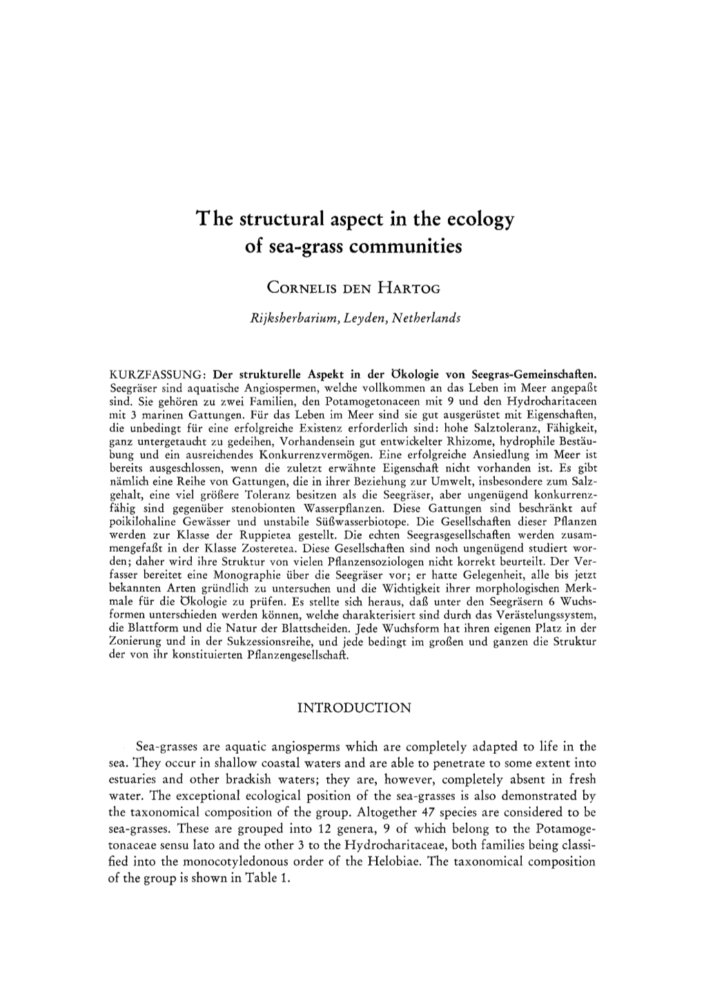 The Structural Aspect in the Ecology of Sea-Grass Communities