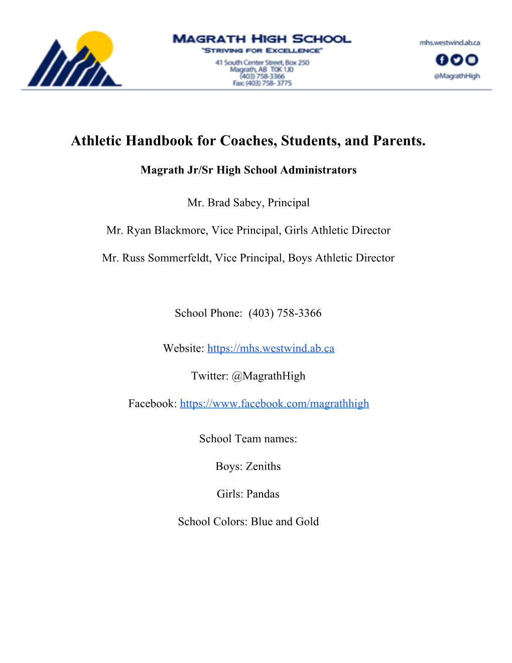 Athletic Handbook for Coaches, Students, and Parents