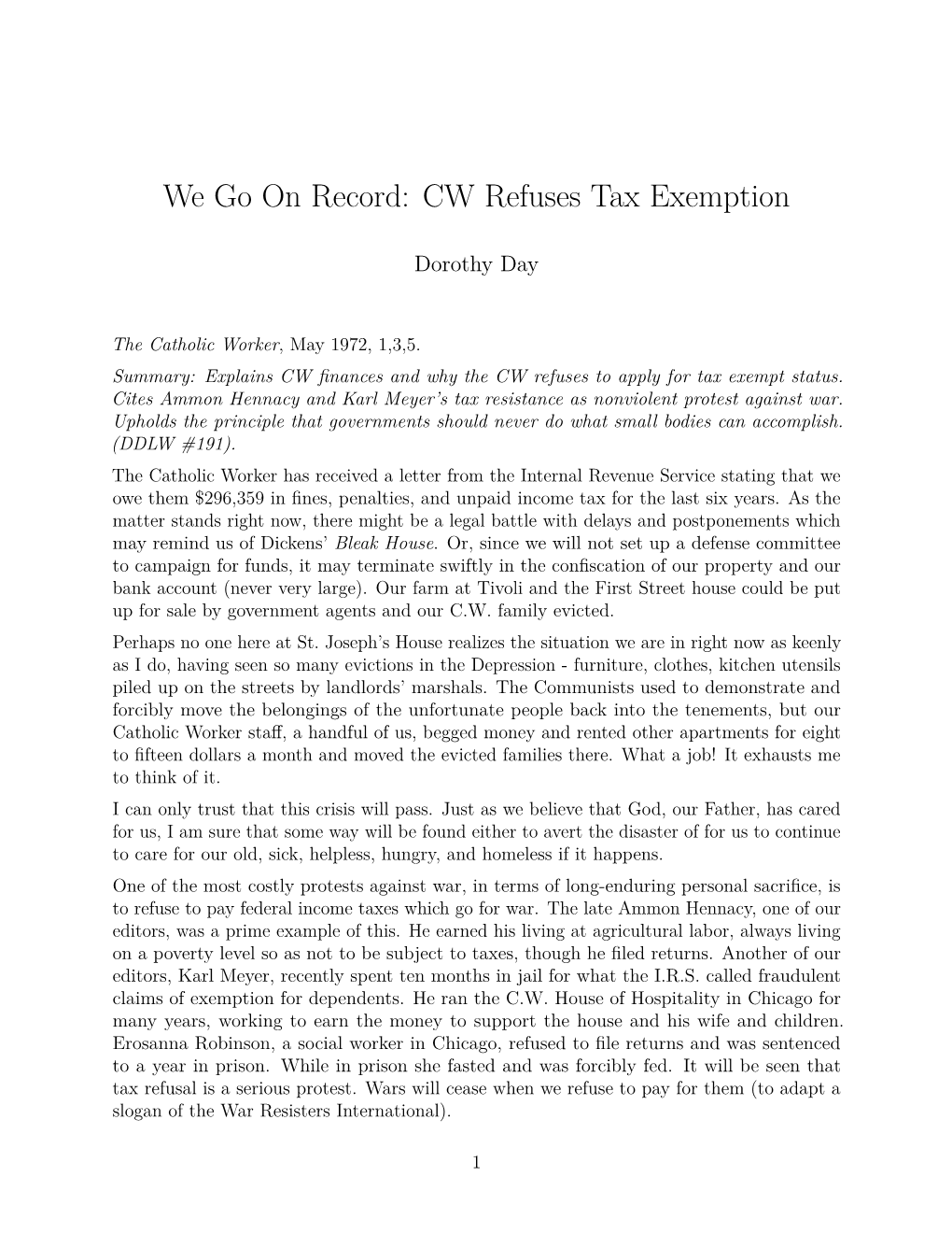 CW Refuses Tax Exemption