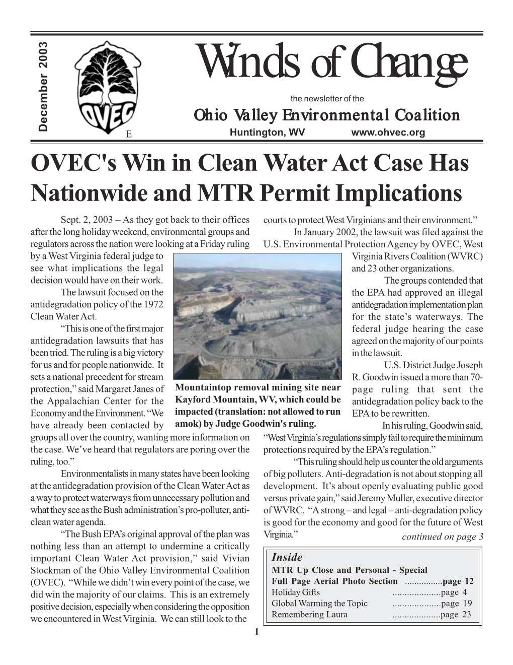 Winds of Change the Newsletter of the Ohio Valley Environmental Coalition