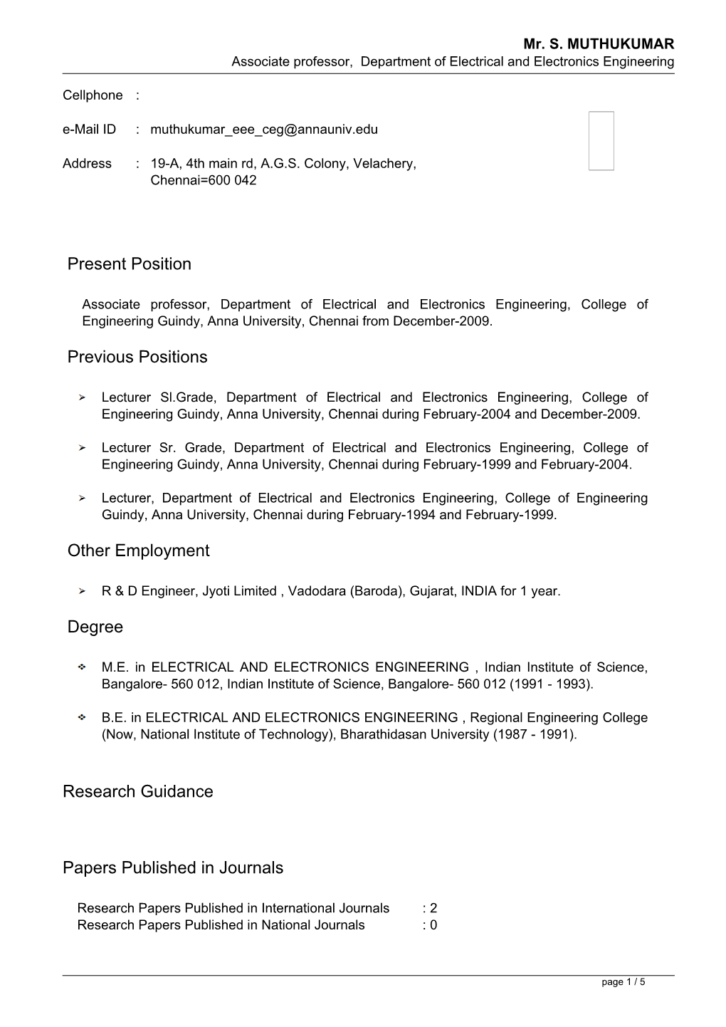 Mr. S. MUTHUKUMAR Associate Professor, Department of Electrical and Electronics Engineering