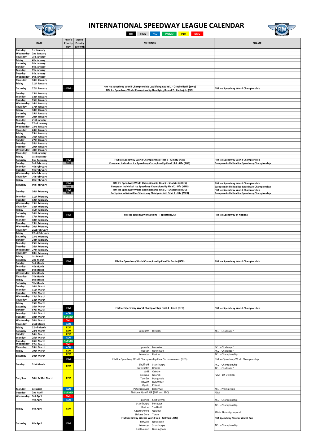 International Speedway League Calendar