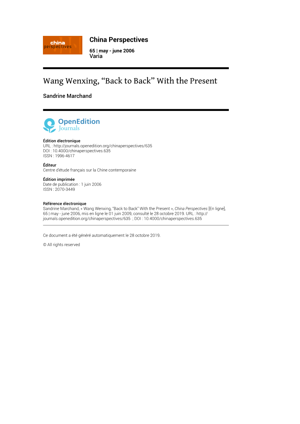 China Perspectives, 65 | May - June 2006 Wang Wenxing, “Back to Back” with the Present 2
