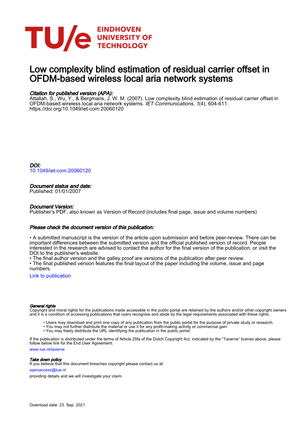 Low Complexity Blind Estimation of Residual Carrier Offset in OFDM-Based Wireless Local Aria Network Systems