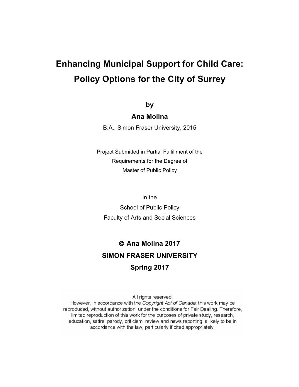 Enhancing Municipal Support for Child Care: Policy Options for the City of Surrey