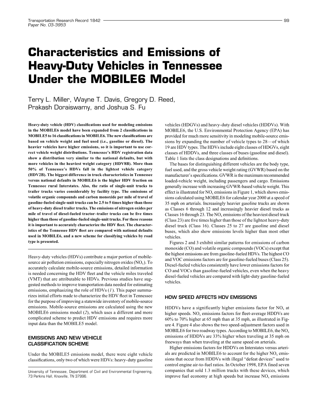 Characteristics and Emissions of Heavy-Duty Vehicles in Tennessee Under the MOBILE6 Model