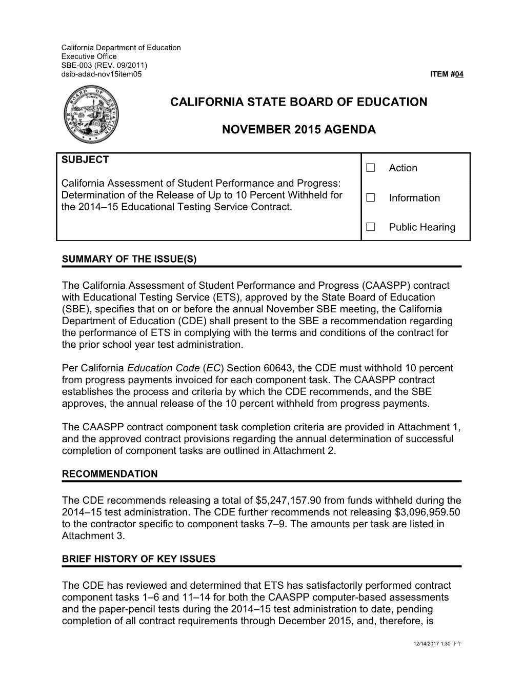 November 2015 Agenda Item 04 - Meeting Agendas (CA State Board Of Education)