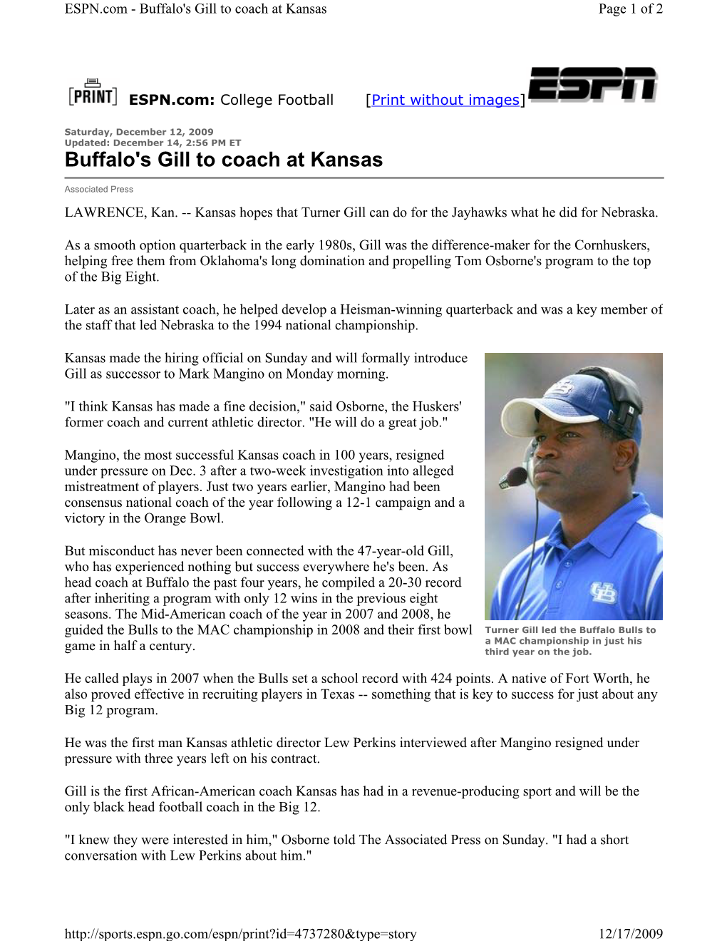 Buffalo's Gill to Coach at Kansas Page 1 of 2