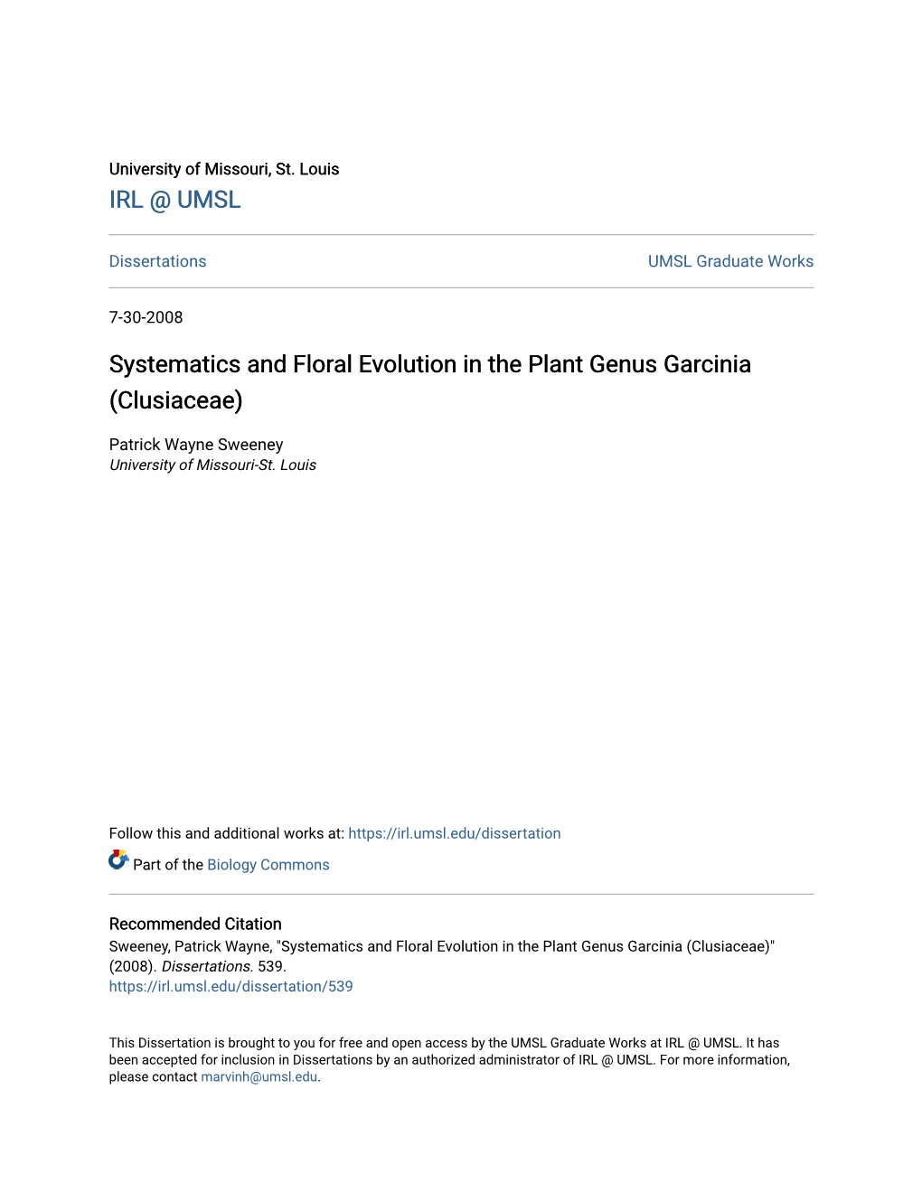 Systematics and Floral Evolution in the Plant Genus Garcinia (Clusiaceae)