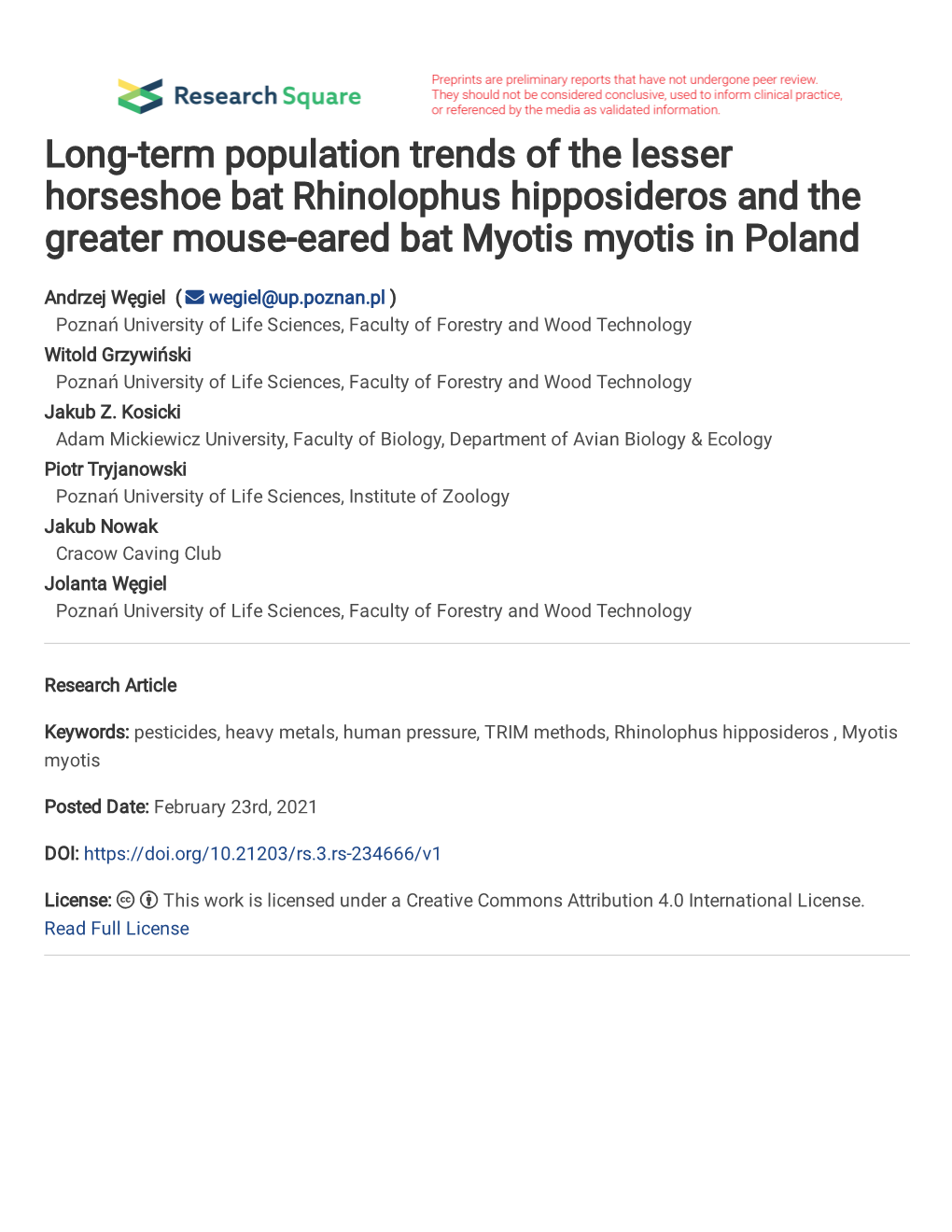 Long-Term Population Trends of the Lesser Horseshoe Bat Rhinolophus Hipposideros and the Greater Mouse-Eared Bat Myotis Myotis in Poland
