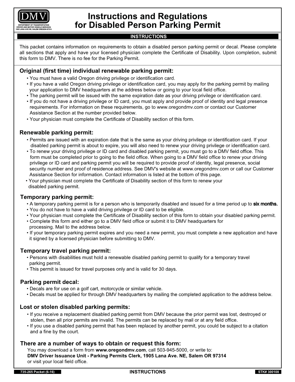 Instructions and Regulations for Disabled Person Parking Permit INSTRUCTIONS