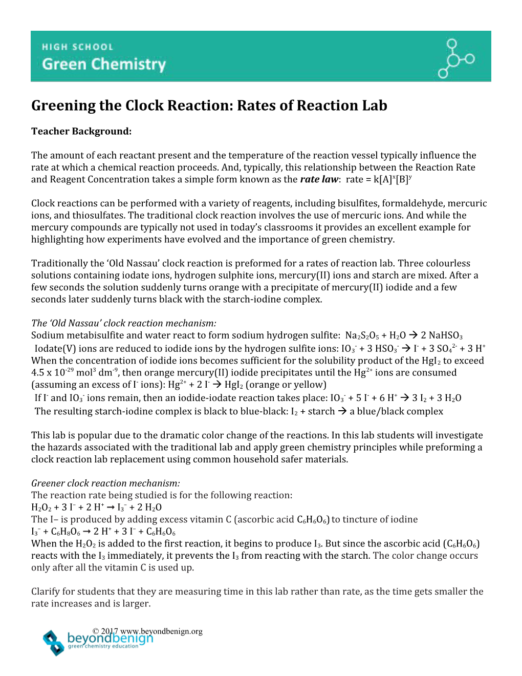 Greening the Clock Reaction: Rates of Reaction Lab