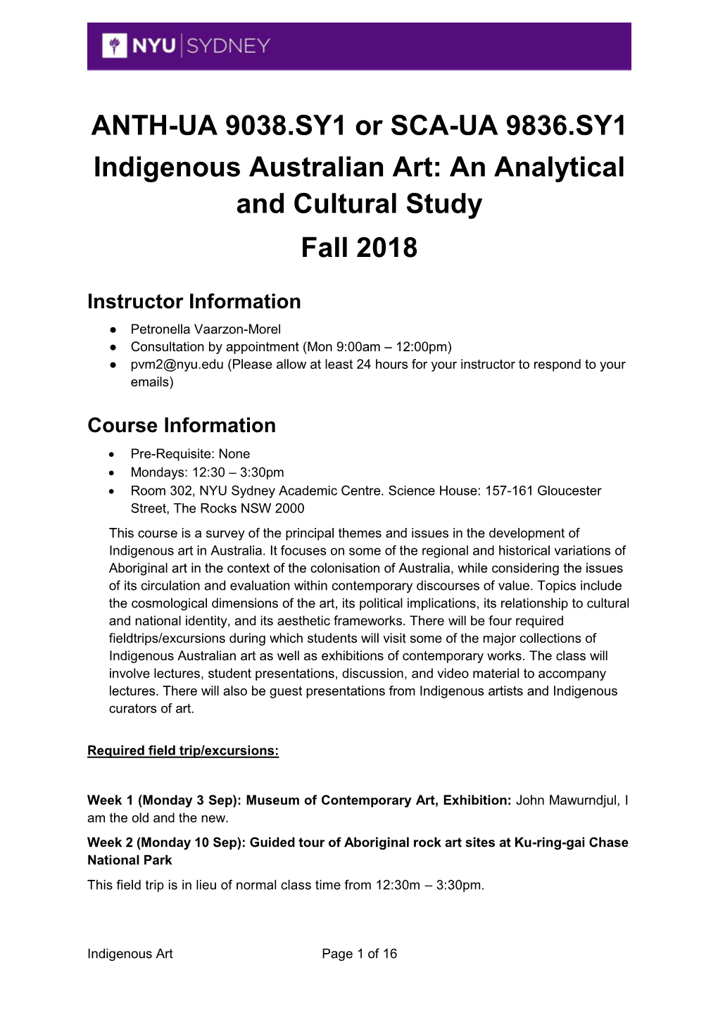 Indigenous Australian Art: an Analytical and Cultural Study Fall 2018