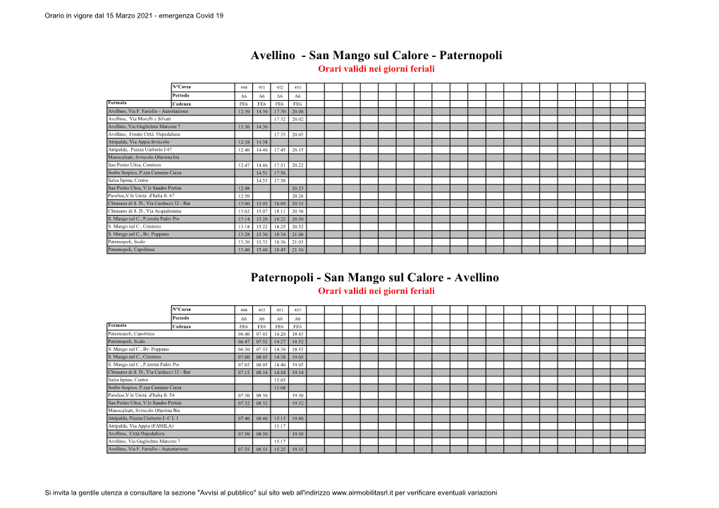 San Mango Sul Calore - Paternopoli Orari Validi Nei Giorni Feriali