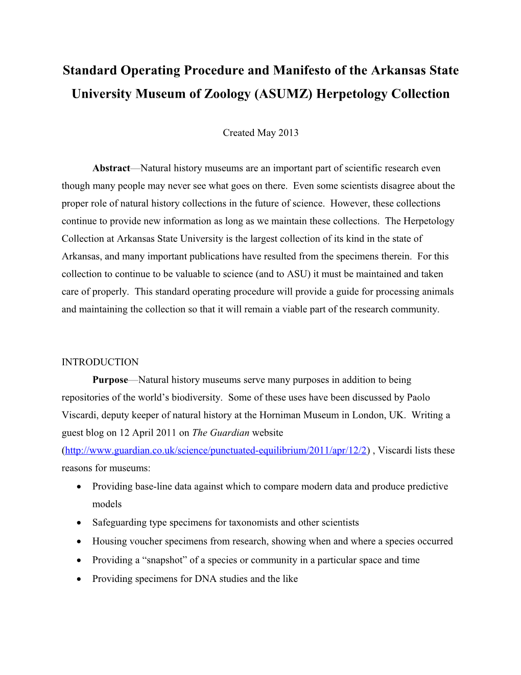 Standard Operating Procedure and Manifesto of the Arkansas State University Museum Of