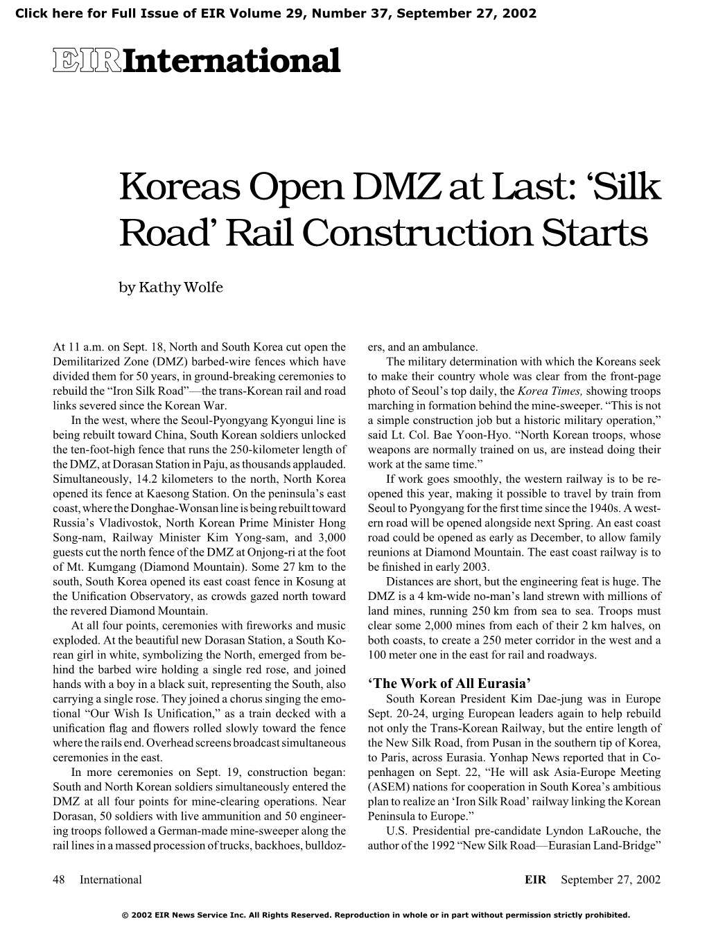 Koreas Open DMZ at Last: 'Silk Road' Rail Construction Starts