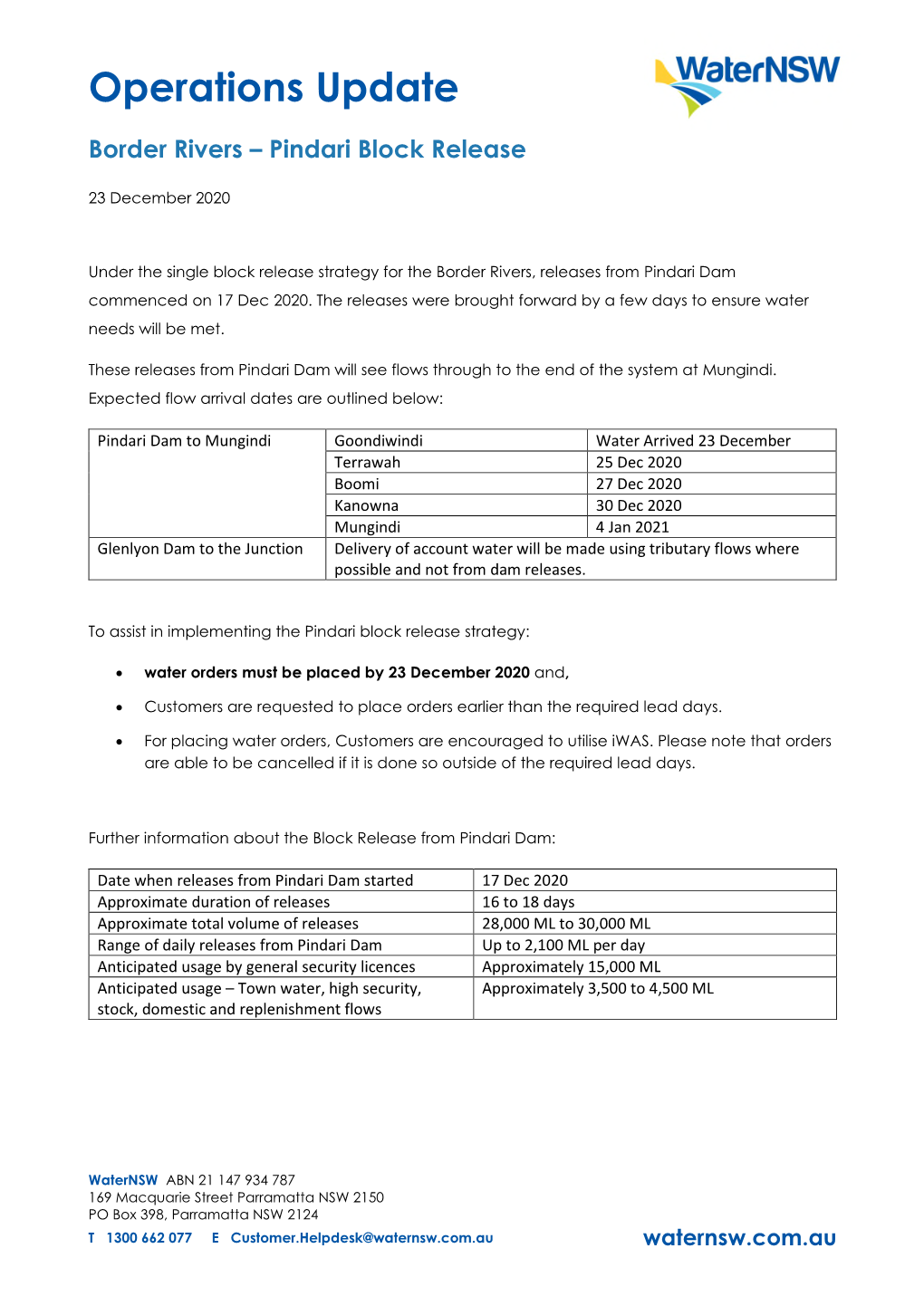 Operations Update Border Rivers – Pindari Block Release