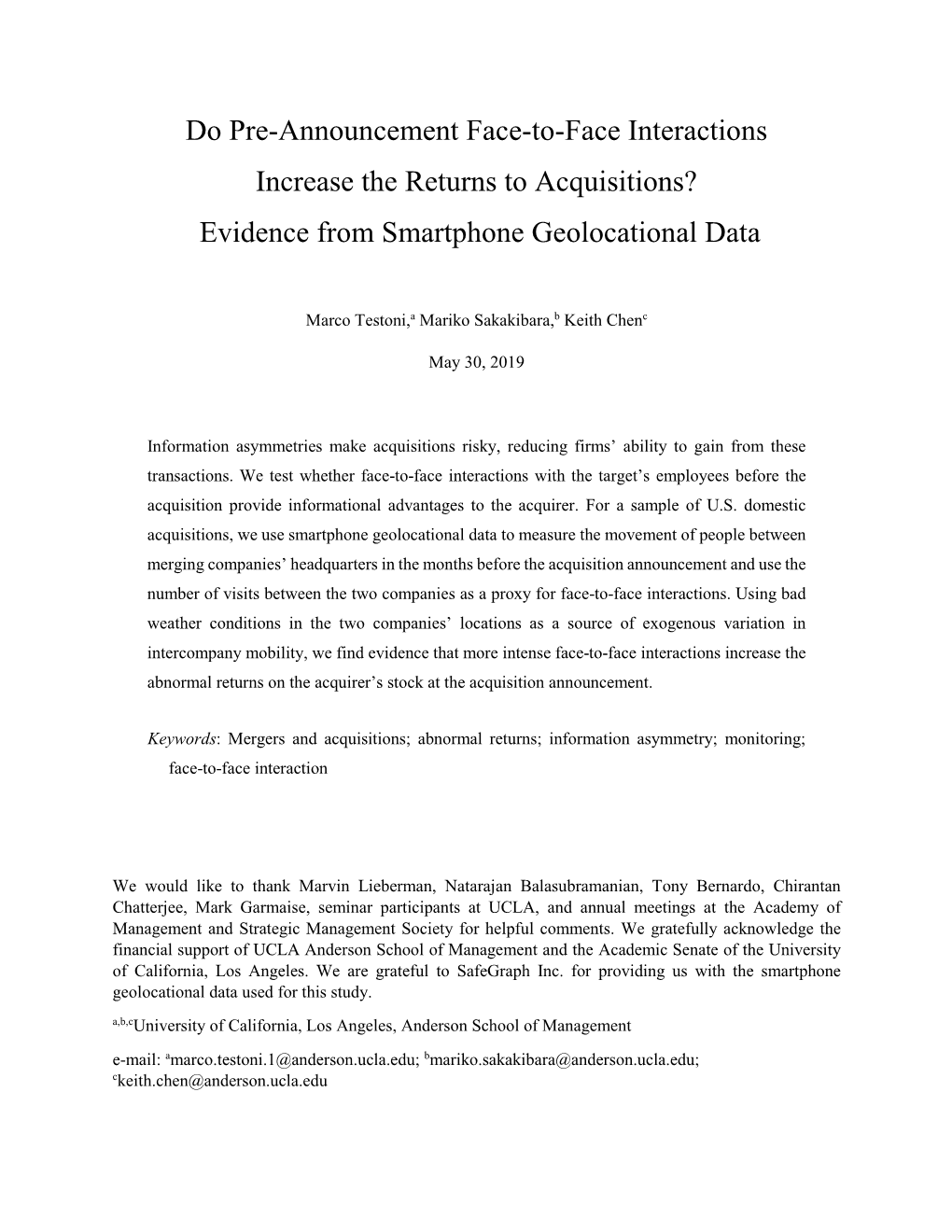 Do Pre-Announcement Face-To-Face Interactions Increase the Returns to Acquisitions? Evidence from Smartphone Geolocational Data