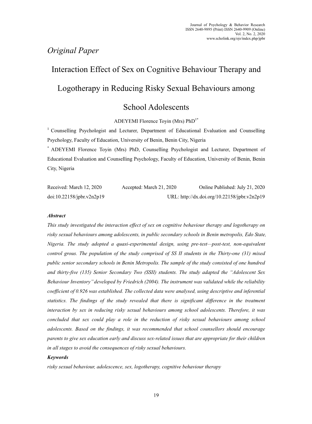 Original Paper Interaction Effect of Sex on Cognitive Behaviour Therapy