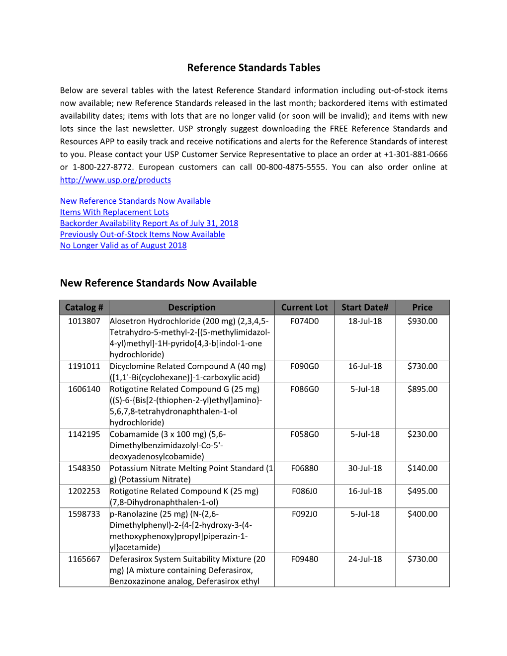 Reference Standards Tables New Reference Standards Now Available