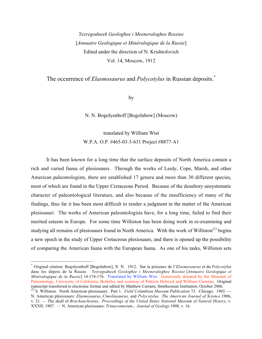 The Occurrence of Elasmosaurus and Polycotylus in Russian Deposits.*