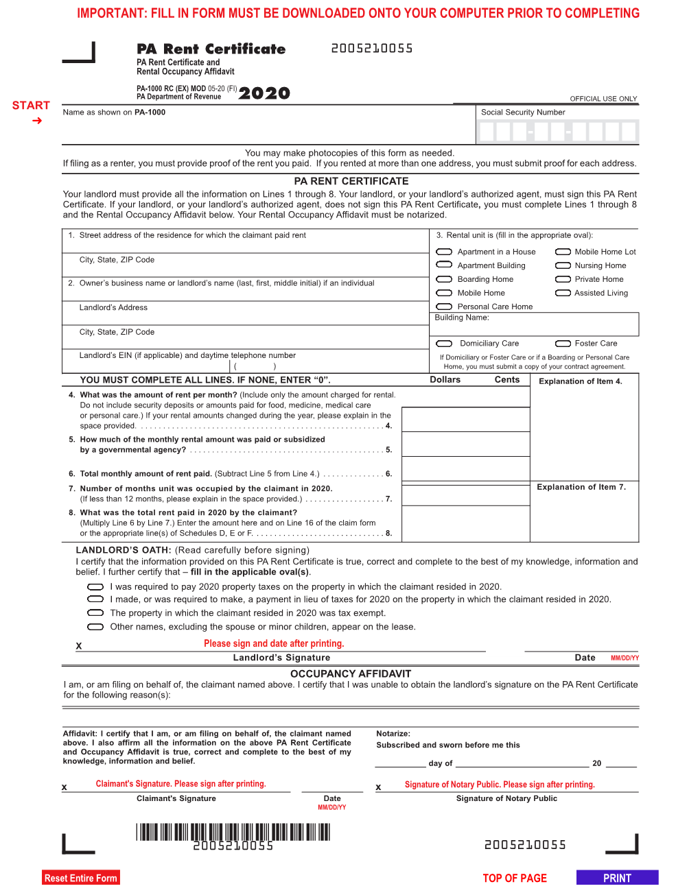 PA Rent Certificate and Rental Occupancy Affidavit (PA-1000