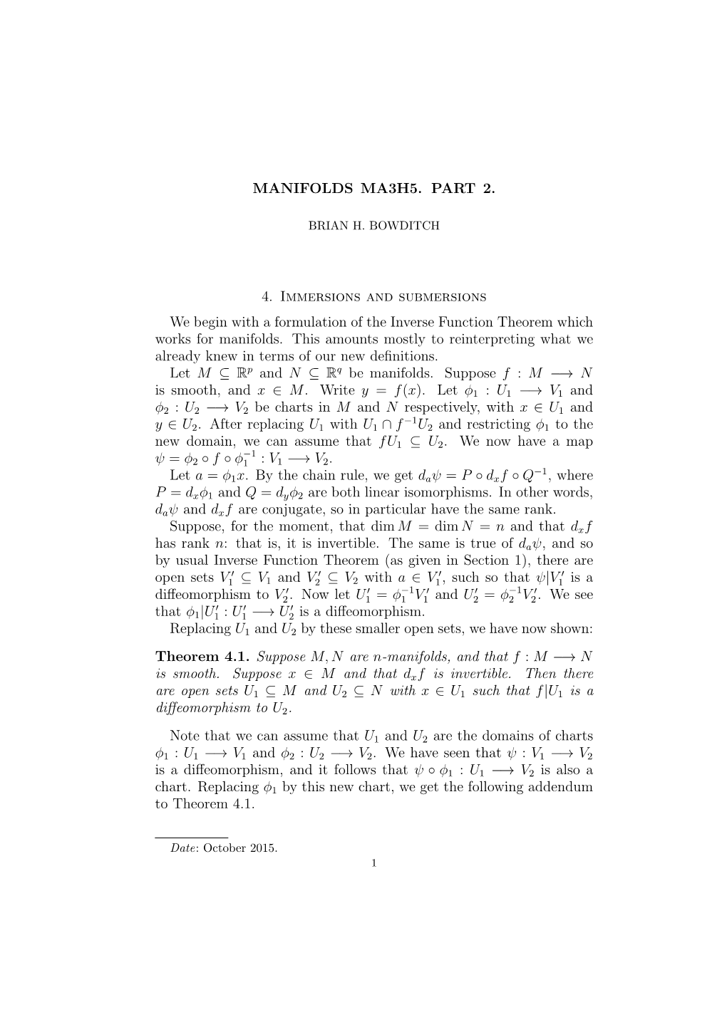 MANIFOLDS MA3H5. PART 2. 4. Immersions and Submersions We