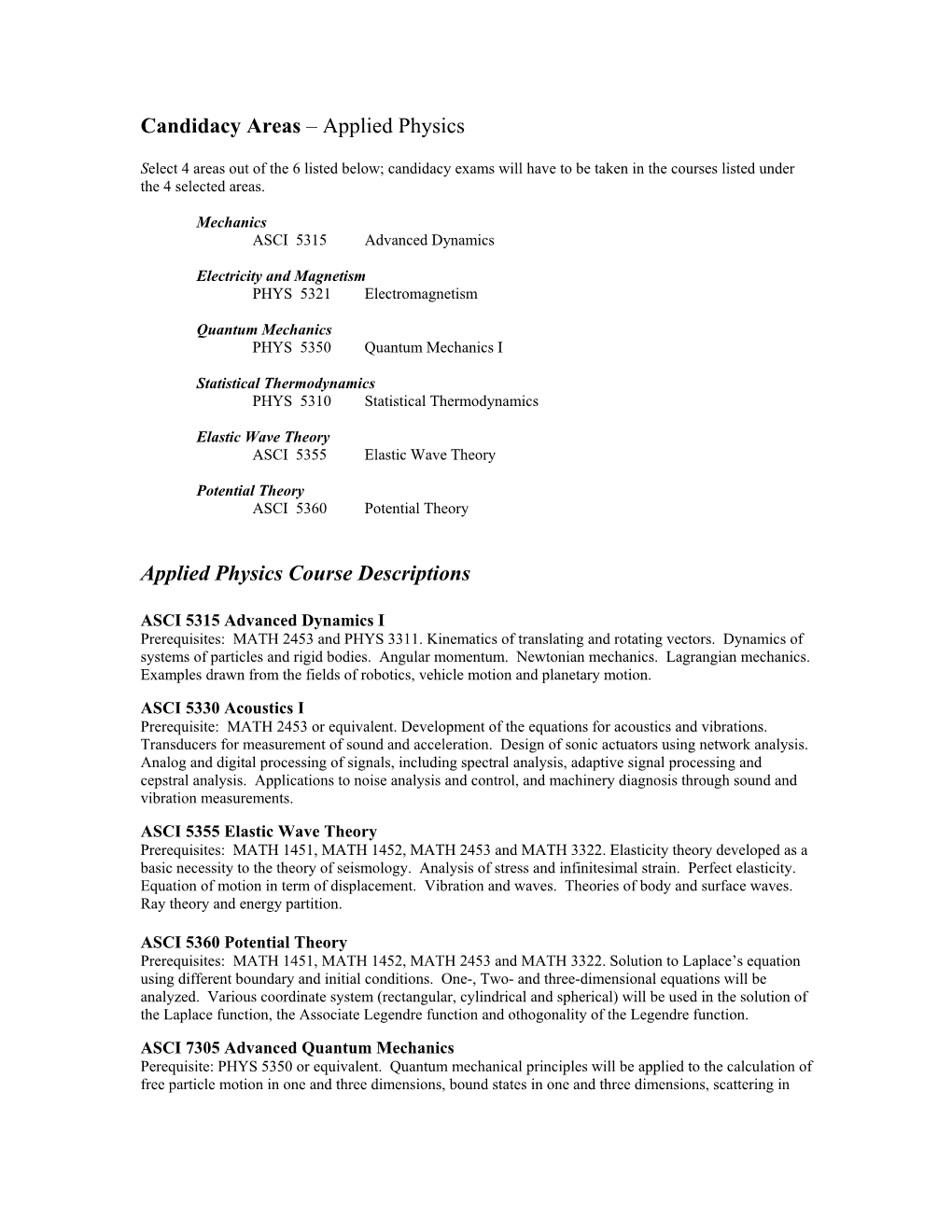 Candidacy Areas – Applied Physics