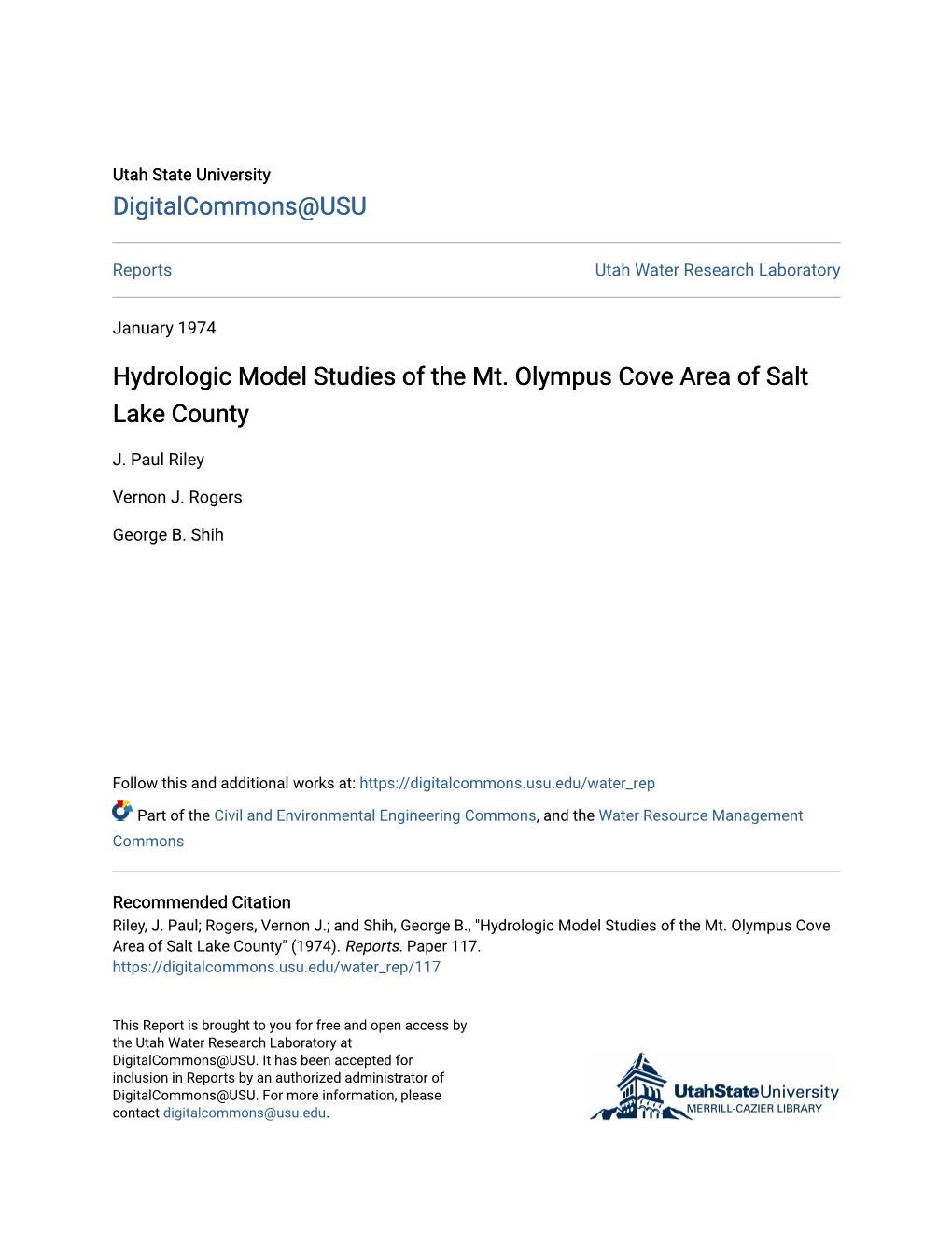 Hydrologic Model Studies of the Mt. Olympus Cove Area of Salt Lake County