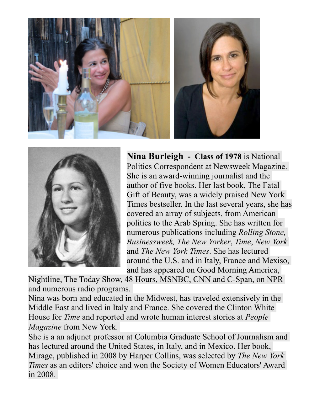 Nina Burleigh - Class of 1978 Is National Politics Correspondent at Newsweek Magazine