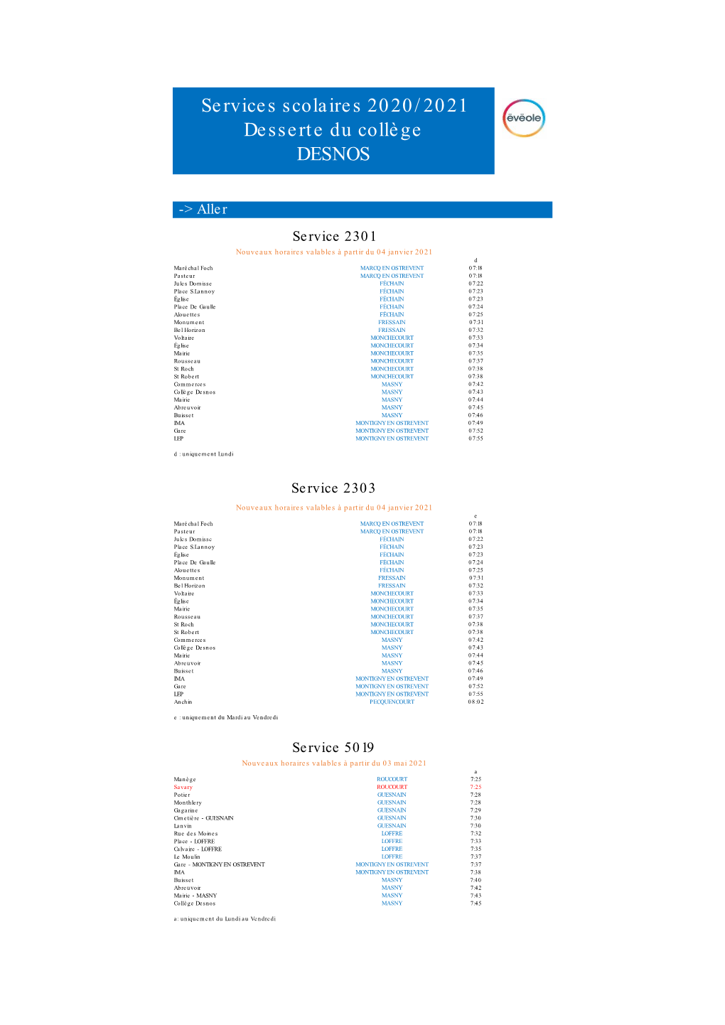 Services Scolaires 2020/2021 Desserte Du Collège DESNOS